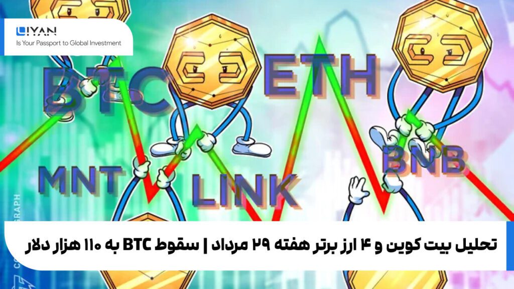 تحلیل بیت کوین و ۴ ارز برتر هفته ۲۹ مرداد | سقوط BTC به ۱۱۰ هزار دلار